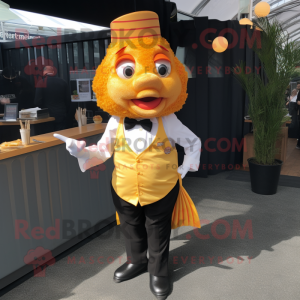 Gold Fish And Chips mascot costume character dressed with a Dress Pants and Earrings