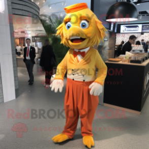 Gold Fish And Chips mascot costume character dressed with a Dress Pants and Earrings