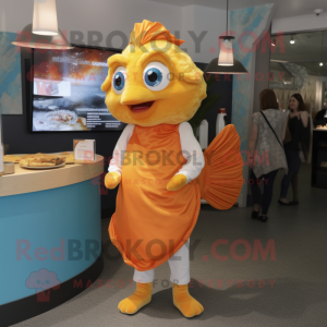 Gold Fish And Chips mascot costume character dressed with a Dress Pants and Earrings