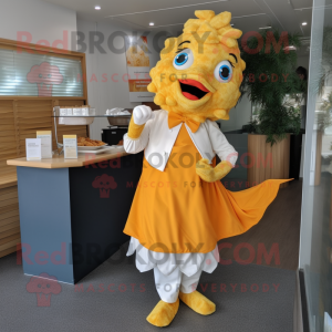 Gold Fish And Chips mascot costume character dressed with a Dress Pants and Earrings