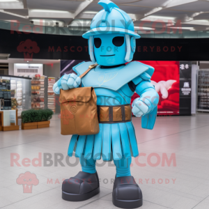 Sky Blue Spartan Soldier mascot costume character dressed with a Maxi Skirt and Wallets