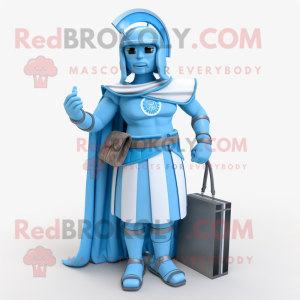 Sky Blue Spartan Soldier mascot costume character dressed with a Maxi Skirt and Wallets