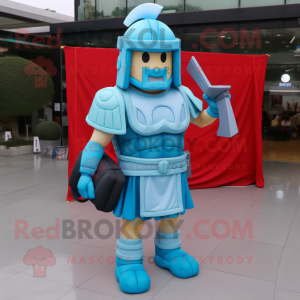 Sky Blue Spartan Soldier mascot costume character dressed with a Maxi Skirt and Wallets