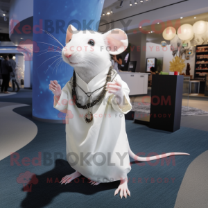 White Rat mascot costume character dressed with a Wrap Dress and Necklaces