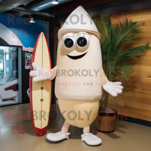 Cream Surfboard mascot costume character dressed with a Cargo Shorts and Wraps