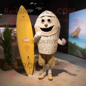 Cream Surfboard mascot costume character dressed with a Cargo Shorts and Wraps