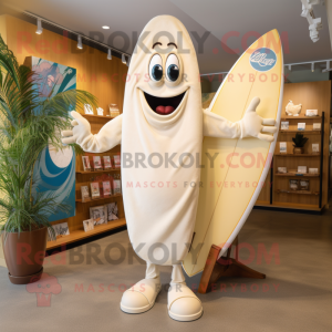 Cream Surfboard mascot costume character dressed with a Cargo Shorts and Wraps
