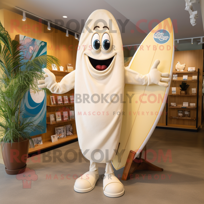 Cream Surfboard mascot costume character dressed with a Cargo Shorts and Wraps Cream Surfboard mascot costume character dressed with a Cargo Shorts and Wraps