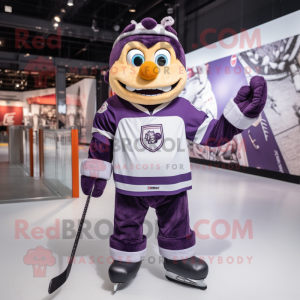 Purple Ice Hockey Stick mascot costume character dressed with a Vest and Rings