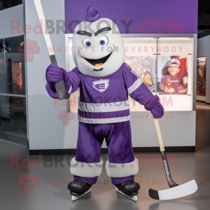 Purple Ice Hockey Stick mascot costume character dressed with a Vest and Rings