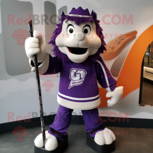 Purple Ice Hockey Stick mascot costume character dressed with a Vest and Rings
