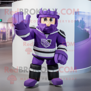 Purple Ice Hockey Stick mascot costume character dressed with a Vest and Rings