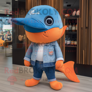 Orange Blue Whale mascot costume character dressed with a Flare Jeans and Brooches