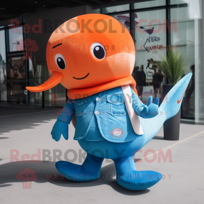 Orange Blue Whale mascot costume character dressed with a Flare Jeans and Brooches