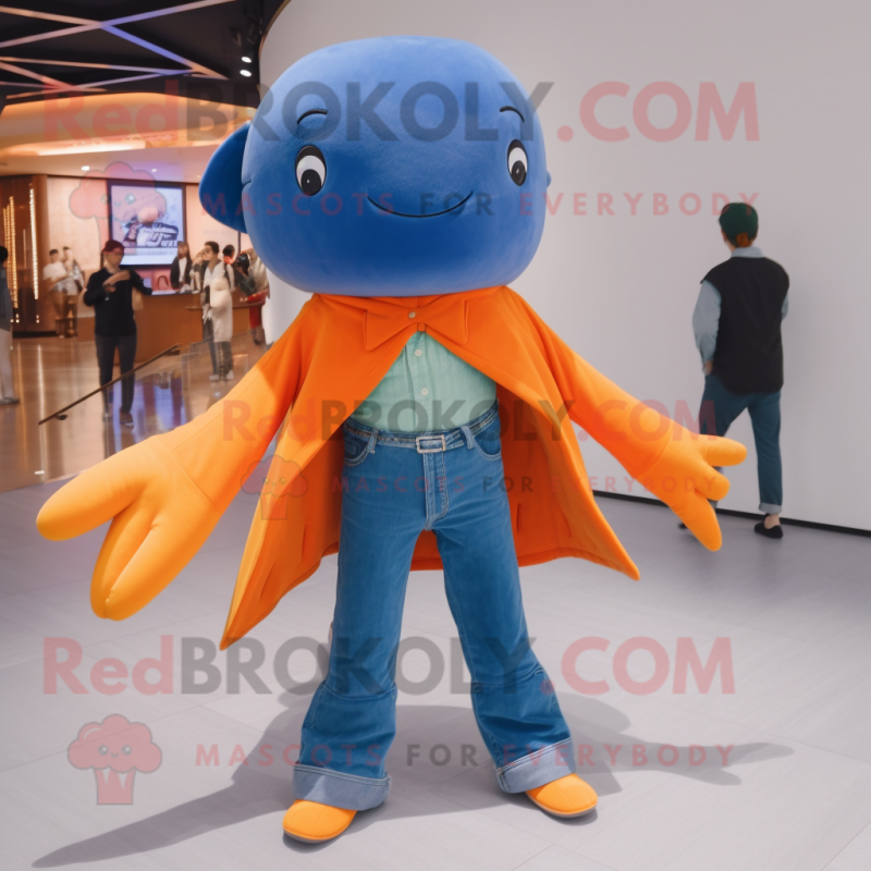 Orange Blue Whale mascot costume character dressed with a Flare Jeans and Brooches Orange Blue Whale mascot costume character dressed with a Flare Jeans and Brooches