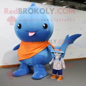 Orange Blue Whale mascot costume character dressed with a Flare Jeans and Brooches