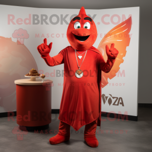 Red Tikka Masala mascot costume character dressed with a V-Neck Tee and Rings