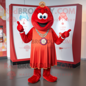 Red Tikka Masala mascot costume character dressed with a V-Neck Tee and Rings