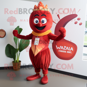 Red Tikka Masala mascot costume character dressed with a V-Neck Tee and Rings