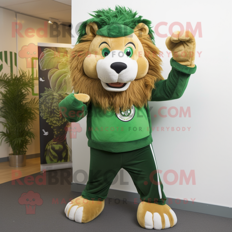 Forest Green Lion mascot costume character dressed with a Trousers and Beanies