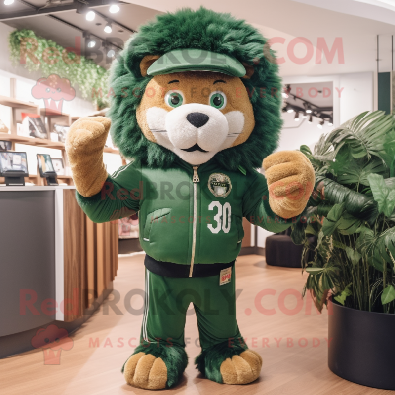 Forest Green Lion mascot costume character dressed with a Trousers and Beanies