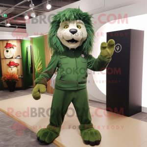 Forest Green Lion mascot costume character dressed with a Trousers and Beanies