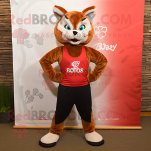 Red Bobcat mascot costume character dressed with a Yoga Pants and Suspenders