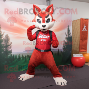 Red Bobcat mascot costume character dressed with a Yoga Pants and Suspenders