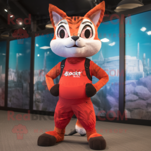 Red Bobcat mascot costume character dressed with a Yoga Pants and Suspenders