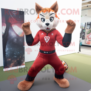 Red Bobcat mascot costume character dressed with a Yoga Pants and Suspenders