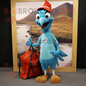 Cyan Woodpecker mascot costume character dressed with a Henley Tee and Tote bags