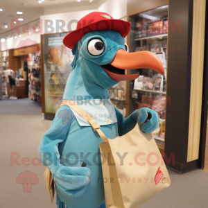 Cyan Woodpecker mascot costume character dressed with a Henley Tee and Tote bags