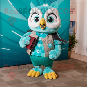 Turquoise Owl mascot costume character dressed with a Poplin Shirt and Wallets