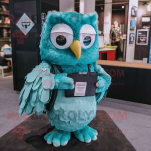 Turquoise Owl mascot costume character dressed with a Poplin Shirt and Wallets