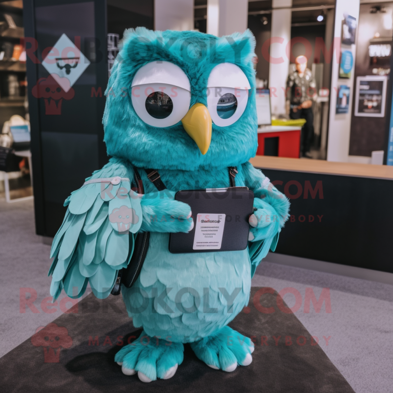 Turquoise Owl mascot costume character dressed with a Poplin Shirt and Wallets Turquoise Owl mascot costume character dressed with a Poplin Shirt and Wallets