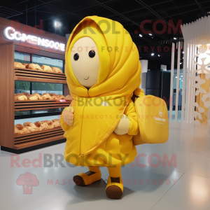 Yellow Croissant mascot costume character dressed with a Parka and Messenger bags