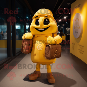 Yellow Croissant mascot costume character dressed with a Parka and Messenger bags