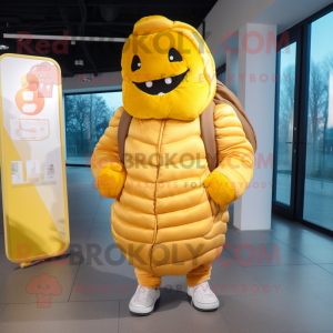 Yellow Croissant mascot costume character dressed with a Parka and Messenger bags