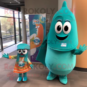 Teal Enchiladas mascot costume character dressed with a A-Line Dress and Ties