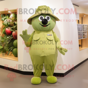 Olive Melon mascot costume character dressed with a Jumpsuit and Brooches