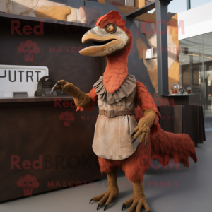 Rust Utahraptor mascot costume character dressed with a Shift Dress and Rings