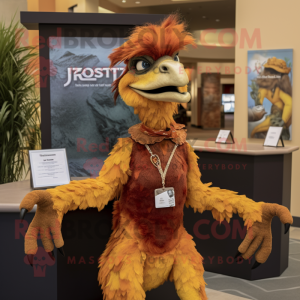 Rust Utahraptor mascot costume character dressed with a Shift Dress and Rings