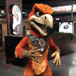 Rust Utahraptor mascot costume character dressed with a Shift Dress and Rings