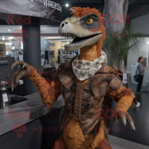 Rust Utahraptor mascot costume character dressed with a Shift Dress and Rings