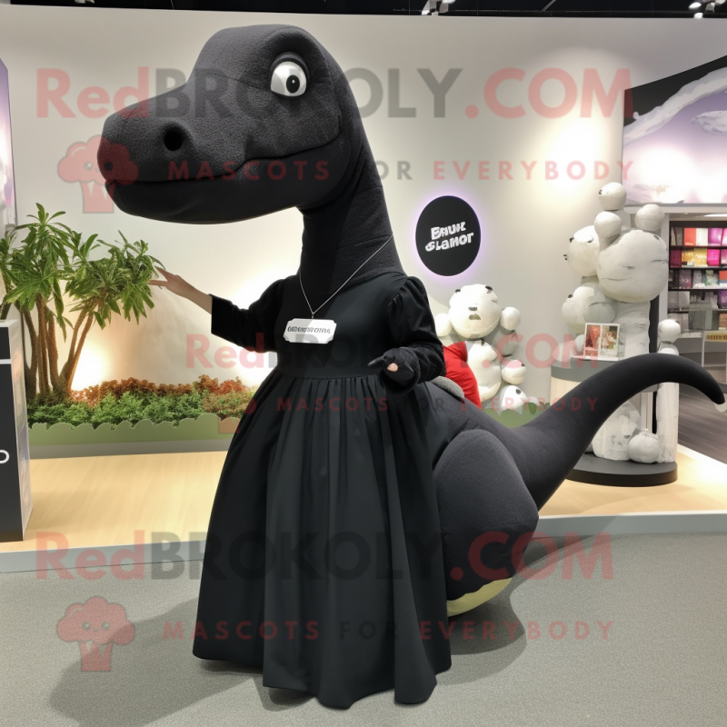 Black Diplodocus mascot costume character dressed with a A-Line Skirt and Beanies Black Diplodocus mascot costume character dressed with a A-Line Skirt and Beanies