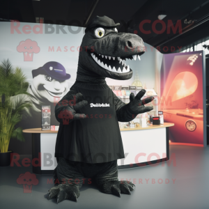 Black Diplodocus mascot costume character dressed with a A-Line Skirt and Beanies