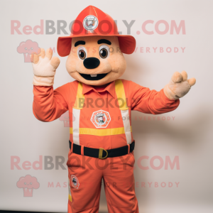 Peach Fire Fighter mascot costume character dressed with a Jumpsuit and Bracelets