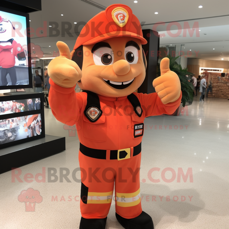 Peach Fire Fighter mascot costume character dressed with a Jumpsuit and Bracelets