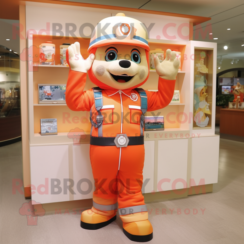 Peach Fire Fighter mascot costume character dressed with a Jumpsuit and Bracelets Peach Fire Fighter mascot costume character dressed with a Jumpsuit and Bracelets