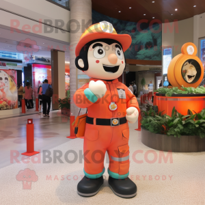 Peach Fire Fighter mascot costume character dressed with a Jumpsuit and Bracelets